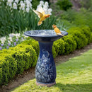 LuxenHome 22 Inch Ceramic Bird Bath for Outside, Elegant Tall Outdoor Bird Bath, Lightweight Pedestal Glazed Birdbaths for Outdoors with Floral Pattern, Deep Blue by GreenHaven Gardens