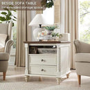 T4TREAM 24'' Farmhouse End Table w/4 Solid Wood Feet, Large 2 Drawers Wide Sofa Side Table with Charging Station, Tall Rustic Wood Square Nightstand for Living Room, Bedroom, Office, Antique White by CozyNest Decor