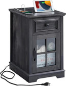 Farmhouse XXL End Table with Charging Station, Side Table with USB Ports and Outlets, Nightstand with Drawer and Glass Door Storage, Grey Bedside Tables for Living Room, Bedroom, Office by CozyNest Decor