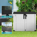 Vixzen 233 Gallon Larger Outdoor Deck Box,Lockable Resin Waterproof Storage Box,UV Resistant,Weather Resistance,Outside Storage Bin for Gardening Tools,Pool Supplies, Black and White by CozyNest Decor