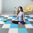 qqpp EVA Rubber 18 Tiles Interlocking Puzzle Foam Floor Mats - Baby Play Mat for Playing | Exercise Mat for Home Workout. White, Blue, Gray. QC-AGLb18N by TinyTreasures Baby Boutique