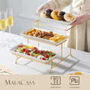 MALACASA 3 Tier Serving Trays for Party, 12 Inch Porcelain White Trays for Serving Food, Dessert Stand with Collapsible Gold Metal Rack by CozyNest Decor