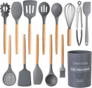 Country Kitchen Non Stick Silicone Utensil Set with Rounded Wood Handles for Cooking and Baking, 14 Piece Set, Gray by CozyNest Decor