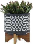 Sagebook Home 9" H 8" Diameter Dark Gray and Ivory Aztec Design Ceramic Planter with Solid Rubberwood Stand for Living Room, Bedroom, or Office by GreenHaven Gardens