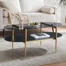 Oval Glass Coffee Table, Mid-Century Modern Design, L41 x W21 x H17 inch, for Living Room, Grey Glass Top, Black Marble Finish Wood Shelf & Gold Finish Frame by CozyNest Decor