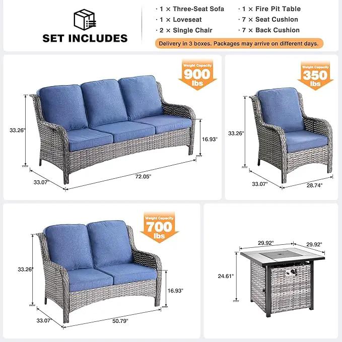 ovios 5 Pieces Patio Furniture Set with 30" Fire Pit Table, Outdoor Wicker Sofa with Loveseat, Comfy Cushions, High Back Couch Conversation Set, Grey Rattan, Denim Blue, photo 8 of 9