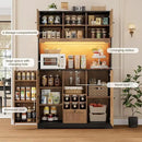 FINETONES 71" Pantry Cabinet with LED Light and Charging Station, Kitchen Pantry Cabinet with Microwave Stand, Kitchen Hutch Food Storage Cabinet with Outlet and Wine Racks, Black/Brown by CozyNest Decor