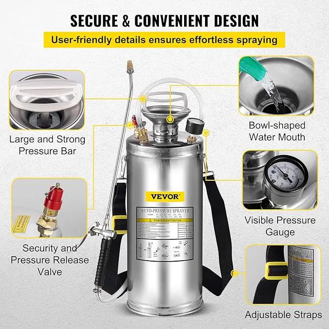 Happybuy 2 Gallon Stainless Steel Sprayer, 20" Wand & 3FT Reinforced Hose, Hand Pump Sprayer with Pressure Gauge, Safety Valve & Adjustable Nozzle, Weed Sprayers for Lawn, Gardening &Sanitizing1, photo 5 of 9