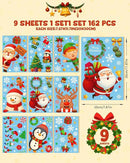Christmas Window Clings - 9 Sheets 162 Pcs Cute Xmas Decorations for Winter Holiday Home Party Santa Reindeer Snowman Gingerbread Snowflake Stickers for Glass Double-Sided Static Window Decals by CozyNest Decor
