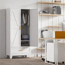 71'' Farmhouse Metal Wardrobe Cabinet with Hanging Rod, 2 Barn Door Wardrobe Closet with Adjustable Shelves,Drawer,for Dining Room,Bedroom,Living Room, Cloak Room,Office (White) by CozyNest Decor