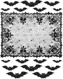 eZAKKA Halloween Table Cloth with 16 Pcs Bats Wall Decor, Spider Web Table Cloth Black Tablecloth Lace Fabric Table Cloths for Rectangle for Parties Gothic Spooky Home Decorations, 53x68 Inch by CozyNest Decor