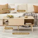 Coffee Table with Storage, Boho Dining Table with Sliding Fluted Door and Solid Wood Legs, Small Coffee Tables for Living Room, Oak by CozyNest Decor