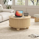 Round Coffee Table with Storage,Fluted Lift Up Coffee Table with Sliding Door,31.5" Drum Center Table with Bun Feet for Living Room,Home Small Space,Oak by CozyNest Decor