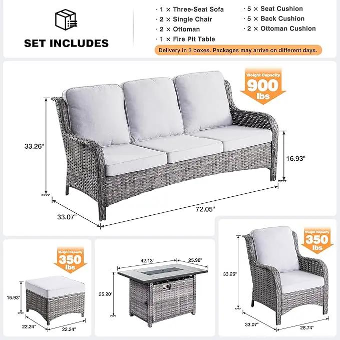 ovios 6 Pieces Patio Furniture Set with 42" Fire Pit Table, Outdoor Wicker Sofa with Ottomans, Comfy Cushions, High Back Couch Conversation Set, Grey Rattan, Grey, photo 8 of 9