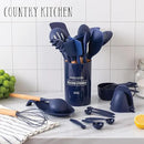 Country Kitchen Non Stick Silicone Utensil Set with Rounded Wood Handles for Cooking and Baking, 38 Piece Set, Navy by CozyNest Decor