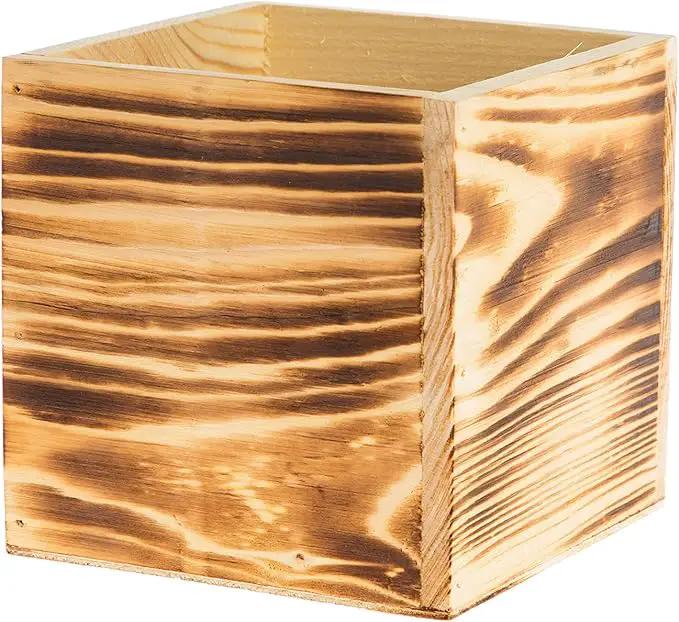 Wooden Planter Box, Rustic Burned Wood/Whitewash with Plastic Liner l Garden Decor l Restaurant and Wedding Decorations l Wood Box (5x5 Set of 4, Burned Wood), photo 2 of 7