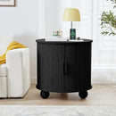 AVZEAR 24" Large Round End Table with Charging Station, Farmhouse Fluted Sofa Side Table with Sliding Tambour Door & Storage, Mid-Century Wood Nightstand for Living Room, Bedroom, Black by CozyNest Decor