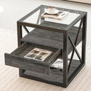 Farmhouse End Table Set of 2, Modern Side Table with Drawer&3-Tier Storage Shelf, Square Rustic Nightstand, Accent Tea Table, for Bedroom Office Living Room, Grey, Natural Wood, Glass, Metal by CozyNest Decor