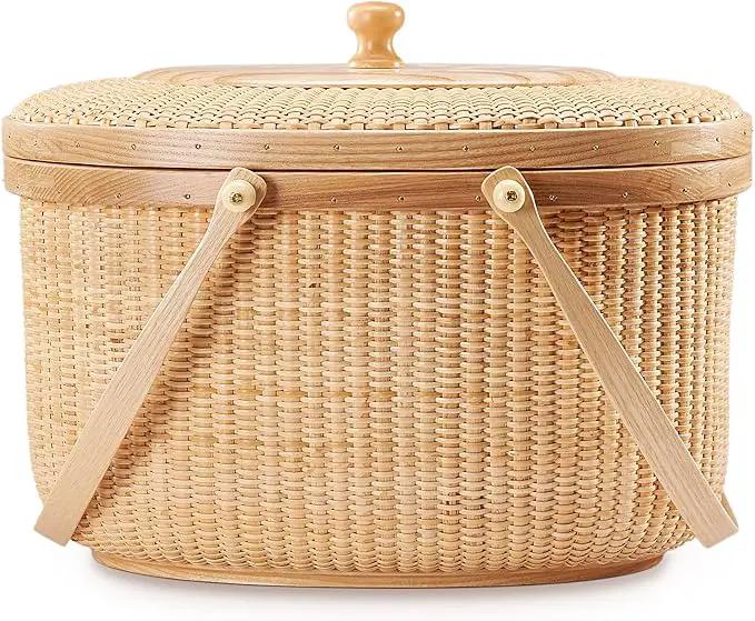Nantucket style basket Picnic Basket rattan Handmade Products woven Sewing storage basket Two swing handles Tote Bag For Women, photo 8 of 10