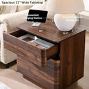 JXQTLINGMU 22" Modern Nightstand with Charging Station, Large Push-to-Open End Table, Wood Bedside Table w/Curved Profile Design, Handleless 3 Drawer Night Stand for Bedroom, Living Room, Brown by CozyNest Decor
