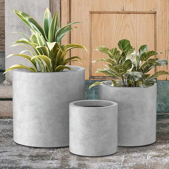 Kante 9.8",12.6",15.7" Dia Round Concrete Planter Set of 3, Modern Style Large Cylindrical Plant Pot with Drainage Hole and Rubber Plug for Indoor Outdoor Patio, Natural Concrete, photo 3 of 8