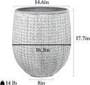 Worth Garden Large Grey Round Planter – 14.5" Dia x 17.5" H Lightweight Magnesium Oxide Cement Plant Pot with Texture – Raised Pattern Concrete Look – Drainage Hole – Indoor & Outdoor Use by CozyNest Decor