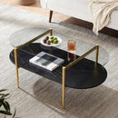 Oval Glass Coffee Table, Mid-Century Modern Design, L41 x W21 x H17 inch, for Living Room, Grey Glass Top, Black Marble Finish Wood Shelf & Gold Finish Frame by CozyNest Decor