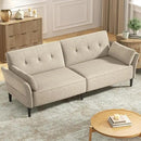 89” Futon Sofa Bed, Velvet Fabric Comfy Futon Couch Bed with 2 Square Pillows, Convertible Sleeper Sofa with Adjustable Backrest& Armrests, Modern Loveseat Sleeper for Living Room, Beige by CozyNest Decor