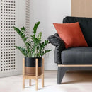 D'vine Dev Ceramic Planter with Natural Stand - 8 Inch Modern Round Flower Pot with Wood Planter Holder, Black/Speckled Tan, 55-B-N-7 by CozyNest Decor