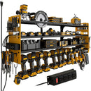 12 Cordless Drill Holder Large Power Tool Organizer Wall Mount with Side Pegboard & Screwdriver Holder, 4-Tier Heavy Duty Metal Tool Storage Rack with 4-Outlet Power Strip by GreenHaven Gardens
