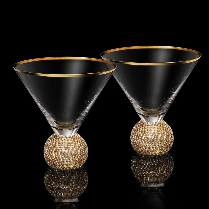 Diamond Studded Martini Glasses Set of 2 - The Wine Savant - Gold Rimmed Modern Cocktail Glass, Rhinestone Diamonds With Stemless Crystal Ball Base, Bar or Party 10.5oz, Swarovski Style Crystals