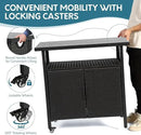 Outdoor Indoor Storage Cabinet with Rolling Wheels, Patio Serving Cart with Bar Table and Wicker Cabinet, Kitchen Island Prep Table, Black by CozyNest Decor