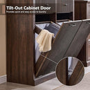 Modern Double Tilt-Out Trash Cabinet, 20 Gallon Fluted Laundry Hamper Cabinet with 2 Drawers, Wooden Hidden Garbage Can Cabinet w/Storage Basket,Free Standing for Kitchen & Living Room, Brown by CozyNest Decor