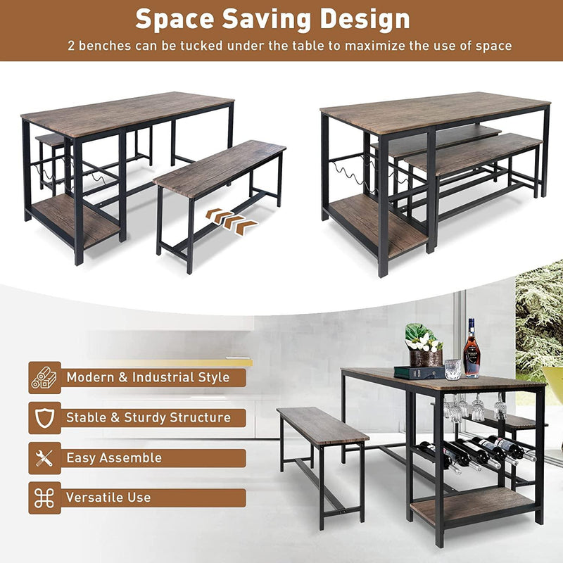 3 Piece Kitchen Table Set with Bench Dining Table Set for 4 Kitchen Dining Room Small Spaces Compact w/Storage Shelf Rack, Wine Rack