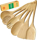 Riveira Brown Bamboo Wooden Spoons for Cooking Set of 6 – Natural Brown Bamboo Wooden Cooking Utensils, Wooden Spatula, Wooden Spoon - Premium Quality Wooden Utensil Set for Non-Toxic Cooking by CozyNest Decor
