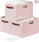 Large 3-Pack Foldable Fabric Storage Bins with Durable PU & Metal Handles, Collapsible Storage Baskets for Shelves, Home Storage, Closet Organizers, Living Room(14.9"x9.8"x9.8", Pink) by CozyNest Decor