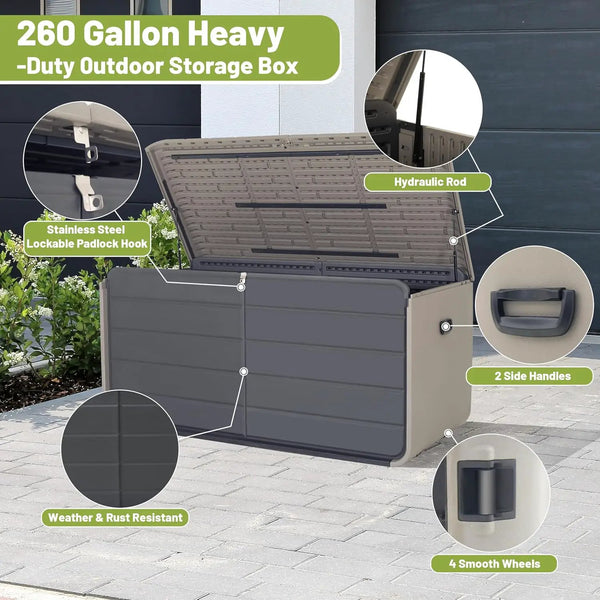 KUIKUI Deck Boxes Outdoor Waterproof, Large Outdoor Deck Box with Wheels Waterproof, 260 Gallon XXL Storage Box Lockable, Grey, photo 2 of 6