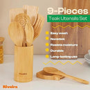 Riveira Natural Bamboo Wooden Cooking Utensils Set of 9 Premium Quality Non-Toxic Wooden Spoons and Spatulas for Cooking by CozyNest Decor