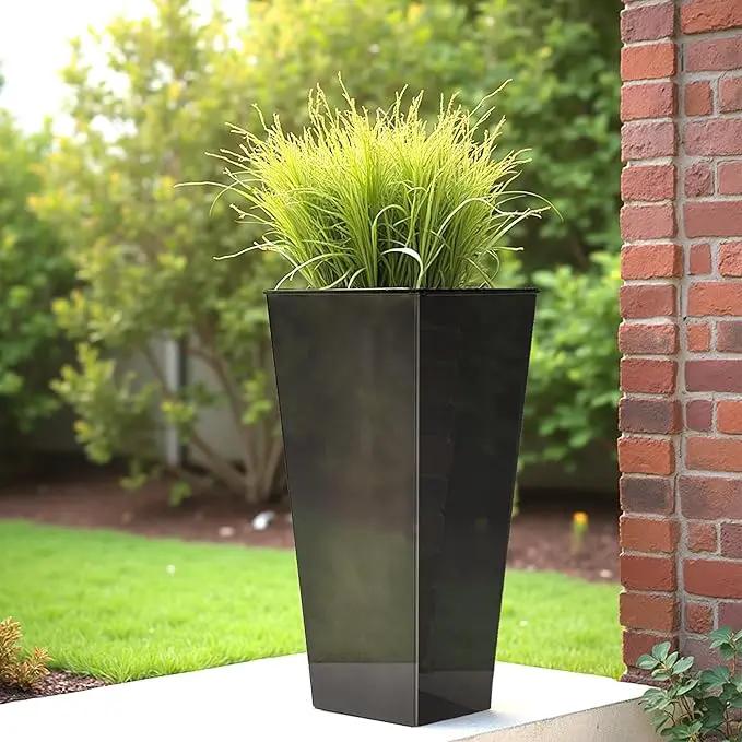 WORTH Garden 25" Large Metal Glazed Planter Set of 2, Luxurious Glossy Finish Black Tall Square Tapered Steel Plant Pots, Decor Flower Pot Indoor & Outdoor, Drainage Hole & Dual-Purpose Plant Saucer, photo 5 of 7