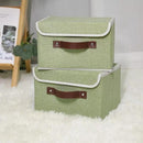 ANMINY 2PCS Storage Bins with Lid PU Leather Handles Storage Boxes PP Plastic Board Decorative Foldable Lidded Cotton Linen Fabric Home Cubes Baskets Closet Organizer Containers - Green, Small Size by CozyNest Decor