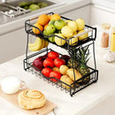 2 Tier Fruit Basket with 2 Banana Hangers, Fruit Bowl for Kitchen Countertop with 2 Wooden Handle, Detachable Metal Fruit Holder for Vegetable Bread with 2 Protective Pads, Black by CozyNest Decor