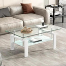 Glass Coffee Table Rectangle White Living Room Center Table, 39inch Transparent Tempered Glass Tabletop and Metal Frame, White + Clear Glass by CozyNest Decor
