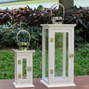 CVHOMEDECO. Decorative Elegant Wood Hurricane Candle Lantern with Stainless Top and Glass Inserts for Home Patio Outdoor Decor. White, Set of 2 by CozyNest Decor