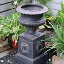 VISIBLE Classic Garden Urn Planter with Pedestal, Black Antique Finish, Cement Fiber Material, Decorative Leaf Pattern, 22 Inch Height, Indoor Outdoor Use, Delivered from Local Warehouse (Black) by CozyNest Decor