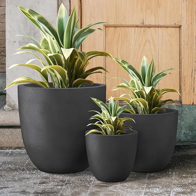 Kante 18",14",10" Dia Concrete Round Planters (Set of 3), Outdoor Indoor Large Planter Pots with Drainage Hole and Rubber Plug for Home Patio Garden, Black, photo 5 of 8