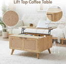 AVZEAR Wood Lift Top Coffee Table with Storage, Boho Modern Coffee Table with Nature Linen Doors & Large Hidden Storage, Rounded Corners Center Table Farmhouse Coffee Tables for Living Room, Natural by CozyNest Decor