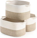 Cotton Rope Woven Storage Basket, Used for Baby Hamper Toy Organizer, Gift Baskets Empty,Kids Laundry Basket,Baby Blanket Basket. Size 15x10x8.7 Inches. (White&Brown-3PCS) by TinyTreasures Baby Boutique