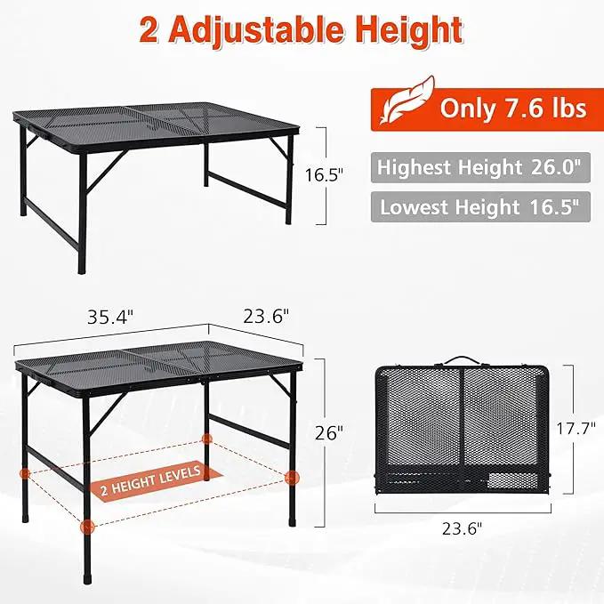 Folding Grill Table, 3x2 FT Portable Camping Table, Height Adjustable Metal Tables with Mesh Desktop and Mesh Bag, Outdoor Furniture for Camping, Picnic, Beach and BBQ, Black, photo 2 of 7