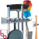 Combo 5 Slot Broom Holder w/ 1 Self Adhesive Mop Gripper No-Drilling, Wall Mount Tool Organizers For Kitchen, Garage, Laundry Room- Anti-Slip Hanger For Brooms, Mops, Rakes, Dustpans (Grey / White) by CozyNest Decor