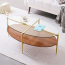 Oval Glass Coffee Table, Mid-Century Modern Design, L43 x W22 x H17 inch, 2-Tier Structure, Olive Shaped Clear Glass Top and Walnut Finish Wood Shelf, Tapered Legs with Gold Finish Frame by CozyNest Decor